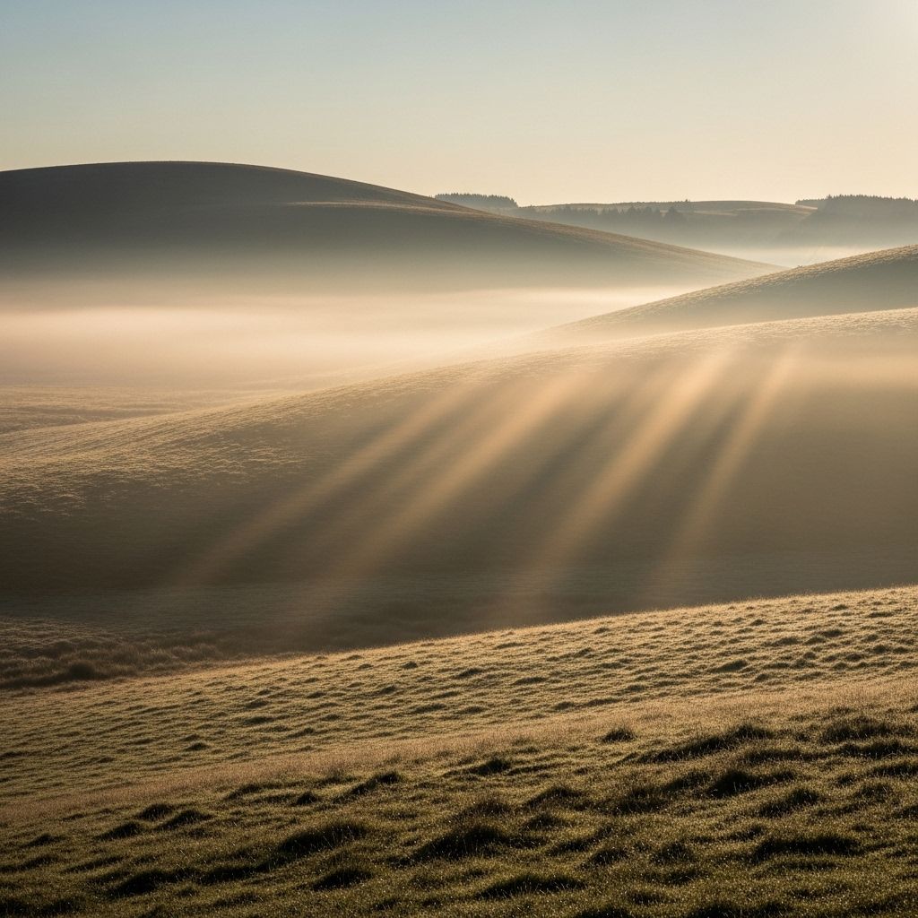Peaceful early morning scene with sunlight streaming over rolling hills through light mist, casting long golden rays across open grassland, symbolising natural vitamin D and the importance of sun exposure
