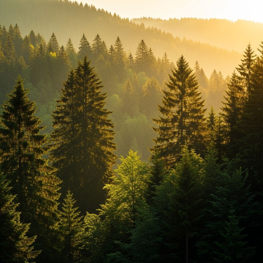 Dramatic cinematic landscape of a lush green forest with warm golden morning light filtering through tall trees, symbolising natural vitality and well-being
