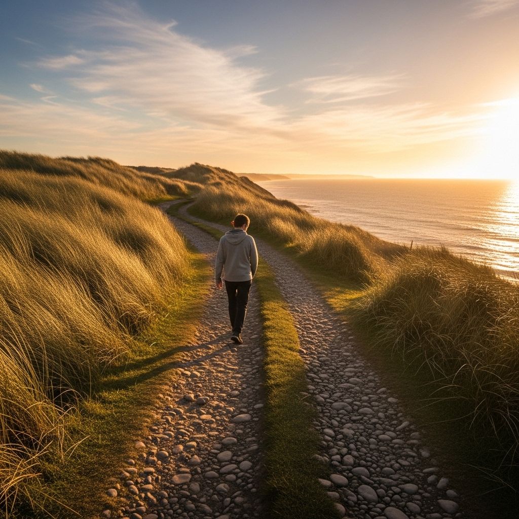 Serene landscape of a person walking alone on an open coastal path during golden hour with long shadows and soft warm sunlight representing natural vitamin D synthesis from sun exposure